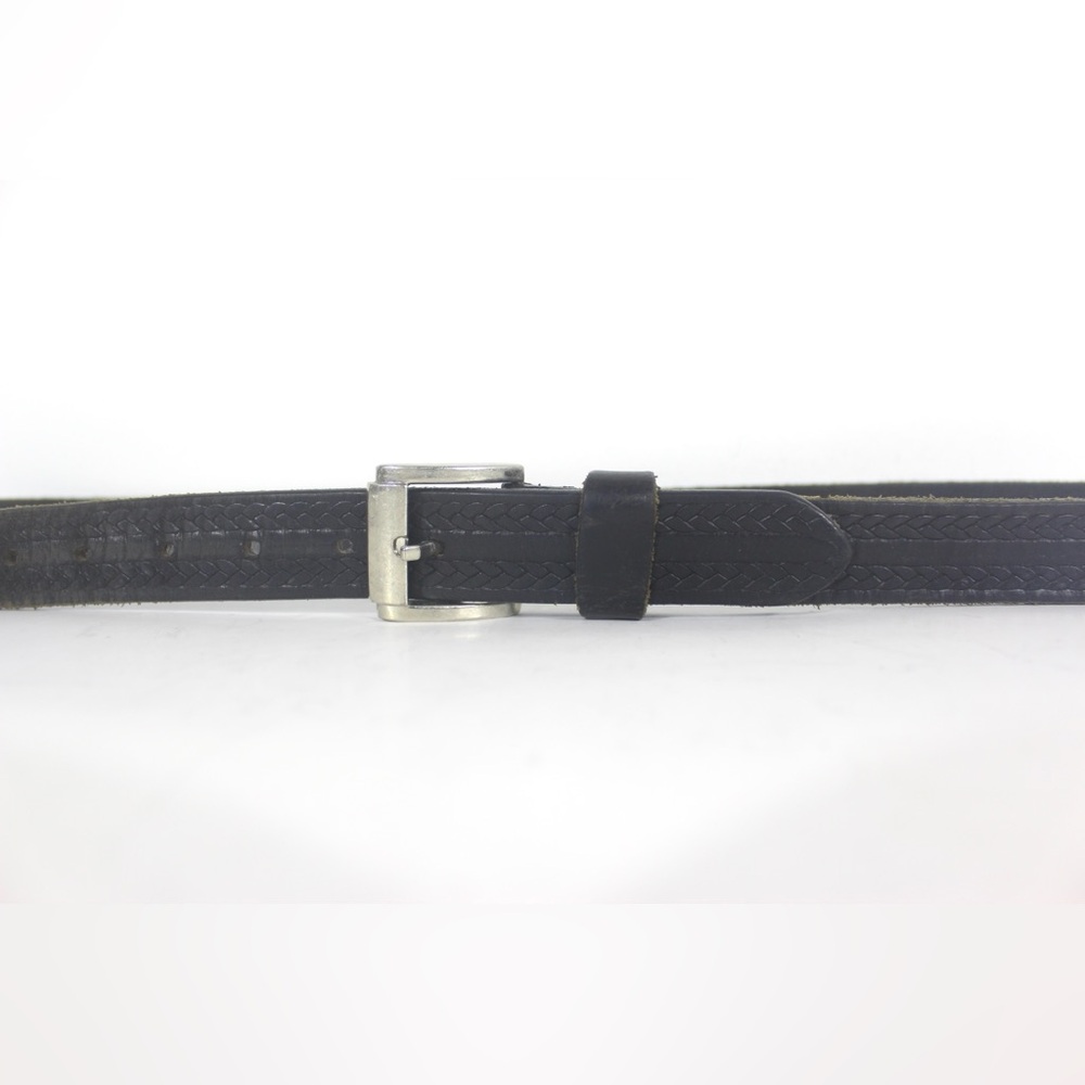 Vintage Embossed Black Leather Belt with Removable Snap Off Silver Metal Buckle